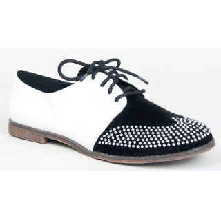 Qupid STRIP 85 Studded Two Tone Lace Up Colorblock Oxford Flat Shoe