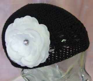 Olivia Crochet Baby Hat (Black Hat/White Flower) Clothing