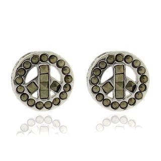 Silver Overlay Marcasite Peace Symbol Stud Earrings