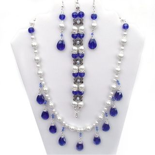Sapphire Blue Crystal and White Glass Pearl Jewelry Set
