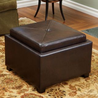 Christopher Knight Home Andrea Brown Leather Tray Top Storage Ottoman