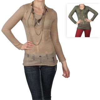Journee Collection Womens Long Sleeve Round Neck Distressed Sweater