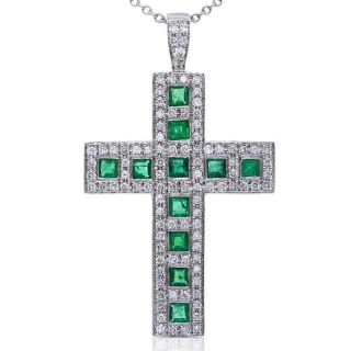 18k Gold Emerald and 2/5ct TDW Diamond Cross Necklace (H I, SI1 SI2