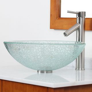 CAE Etched Clear Cracking Glass Vessel Bathroom Sink and Faucet Set