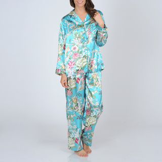 La Cera Womens Turquoise Floral Print Satin Pajama Set
