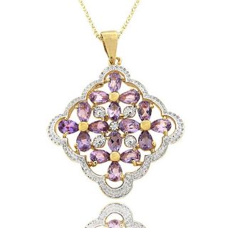 Gold over Silver Amethyst and Diamond Accent Flower Necklace