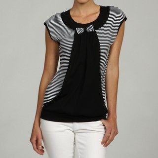 Think Knit Womens Cap Sleeve Stripe Tee with Bow Accent