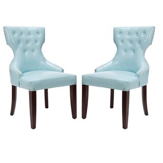Aqua Tufted Nailhead Blue Leather Side Chairs (Set of 2)