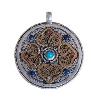 Sterling Silver Mandala Turquoise and Coral Necklace (India