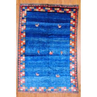 Persian Hand Knotted Gabbeh Blue and Red Wool Rug (65 x 95