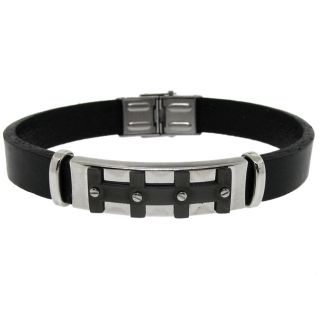 Stainless Steel and Black Leather Mens Bracelet