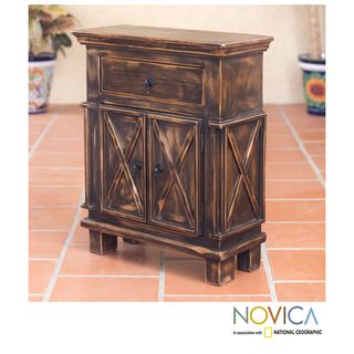 Handcrafted Pinewood Antique Brown Crisscross Nightstand (Mexico