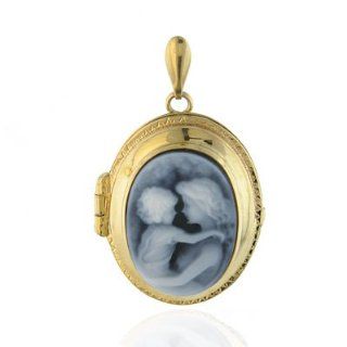 14K Yellow Gold Cameo Agate Locket   Mother/Child Jewelry