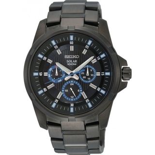 SEIKO Mens Solar Black Ion Blue Accent Date Dial Watch