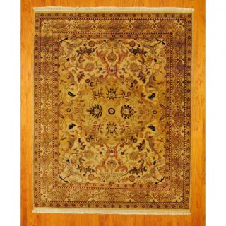 Indo Hand knotted Tabriz Beige/ Gold Wool Rug (81 x 103)
