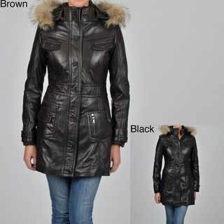 Knoles & Carter Womens Plus Size Leather Faux Fur trimmed Hood 7/8
