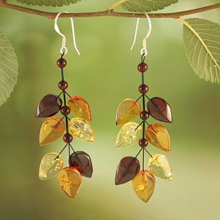 Sterling Silver Multicolor Amber Leaves Dangle Earrings (Lithuania