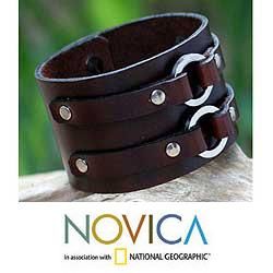 Mens Leather Symmetrical Brown Wristband Bracelet (Thailand