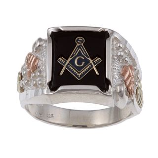 Black Hills Gold and Sterling Silver Mens Onyx Masonic Emblem Ring