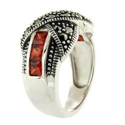 Sterling Silver Marcasite and Garnet X Design Ring