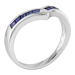 14k White Gold Diamond and Blue Sapphire Chevron Ring