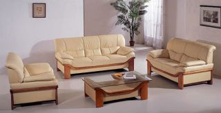 Beige Leather Sofa, Loveseat, and Chair Set