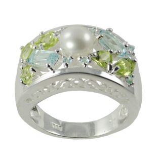 Pearls For You Silver FW Button Pearl, Peridot and Blue Topaz Ring