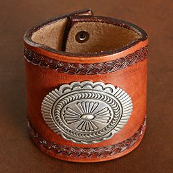 Leather and Sterling Silver Concho Bracelet (Native American