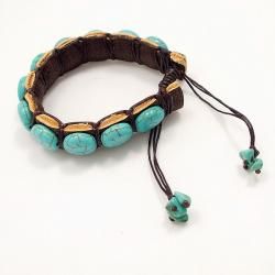 Round Turquoise Stones Leather Pull Slide Bracelet (Thailand