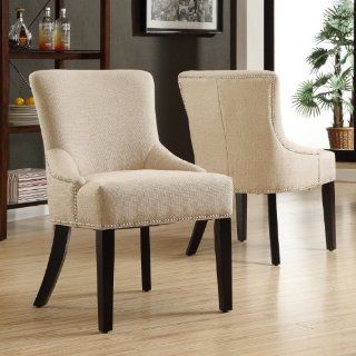 Upholstered Beige Linen Chair With Black Legs, Nailhead
