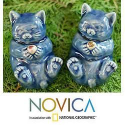 Set of 2 Happy Kitties Celadon Ceramic Sculptures (Thailand