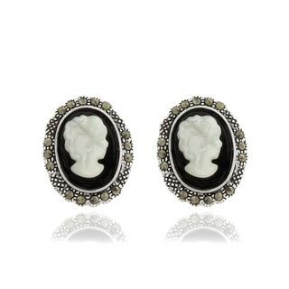 Silver Overlay Black Onyx, Cameo Shell and Marcasite Stud Earrings