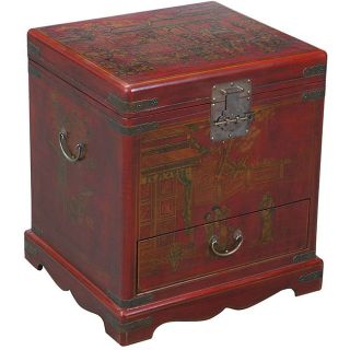 Hand painted Red Bonded Leather End Table Storage Chest