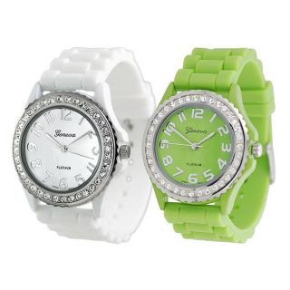 Geneva Platinum Womens Rhinestone accented Silicone Watch (Set of 2
