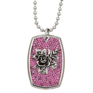 Ed Hardy Red Cubic Zirconia Rose Dog Tag Necklace