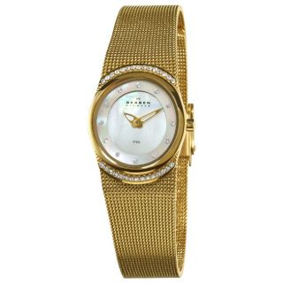 Skagen Womens Crystal Accented Mother of Pearl Gold Mesh Watch