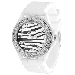 Geneva Platinum Womens Rhinestone White Stripe Silicone Watch