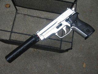 Model 228 Pistol with Silencer   Heavy Silver Airsoft Guns