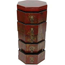 Red Lacquer Five Drawer Octagonal Chest (China)