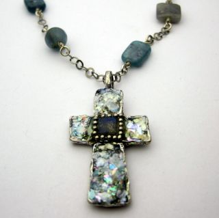 Ancient Roman Glass Labradorite Cross Necklace (Israel)