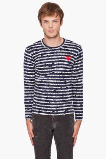 Comme Des Garçons Play  Navy Stripe Red Emblem T shirt for men