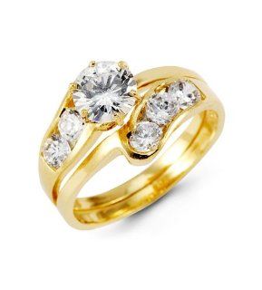 14k Yellow Gold Engagement Round CZ Wedding Rings Set