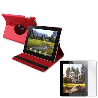 Red 360 Swivel Leather Case Stand/ Screen Protector for Apple iPad 2