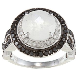 Silver Moonstone and 7/8ct TDW White/ Black Diamond Ring (J K, I2 I3