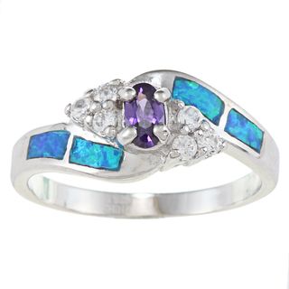La Preciosa Sterling Silver Blue Opal with Clear and Amethyst CZ Ring