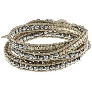 Silver and Glass Bead Leather Wrap Bracelet