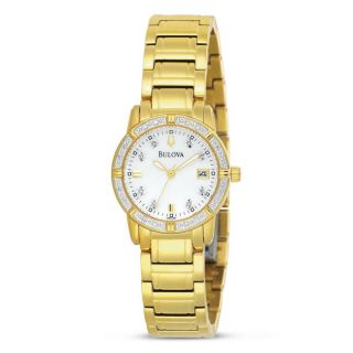 Bulova Womens Goldtone Mother of Pearl Dial Diamond Watch