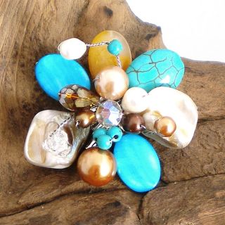 Floral Cluster Blue Turquoise and Pearl Brooch Pin (Thailand
